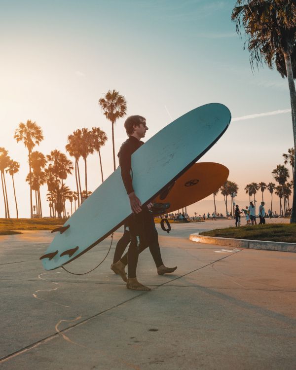 Two surfers in wetsuits carry their surfboards along a palm tree-lined path, possibly heading to the beach for a surf session at sunset.